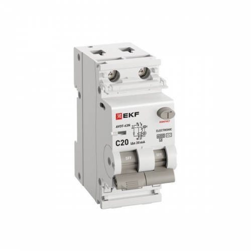 Выключатель автоматический дифференциального тока 2п (1P+N) C 20А 30мА тип AC 6кА АВДТ-63N (электрон.) PROxima EKF D63N26E20C30 D63N26E20C30
