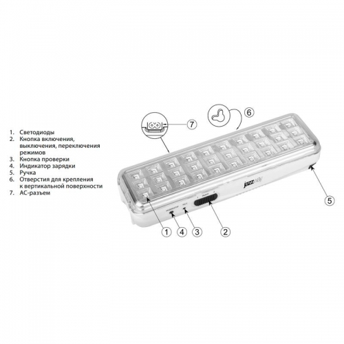 Фонарь-светильник аккумуляторный Accu9-L30-wh аварийный 30SMD яркий 300лм 2ч/эконом 90лм 6ч 220В аккум. Li-ion 3.7В 1.2А.ч бел. JazzWay 5024533 5024533