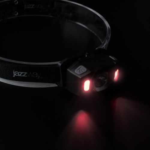 Фонарь аккумуляторный налобный AccuH3-L5W-bk LED 5Вт + 2хRED SMD IP54 5 режимов: 100проц. 180лм 3.5ч/50проц. 110лм 5.5ч/30проц. 65лм 15ч/красн. 28ч/мигающ. красн. 12ч аккум. управл. жестами черн. JazzWay 5036703 5036703