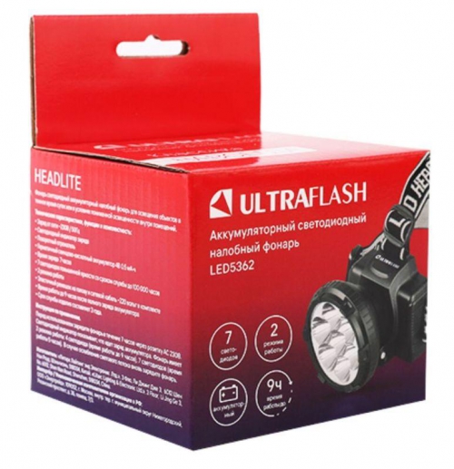 Фонарь налобный аккумуляторный LED 5362 (220В 7LED 2 режима; черн.) Ultraflash 11256 11256