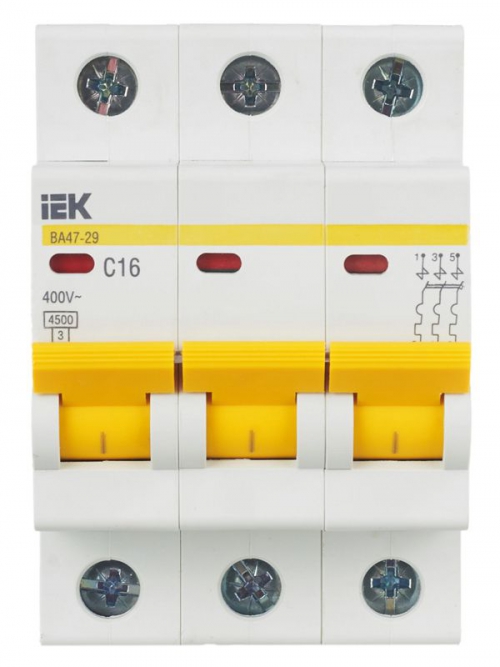 Выключатель автоматический модульный 3п C 16А 4.5кА ВА47-29 ИЭК MVA20-3-016-C MVA20-3-016-C