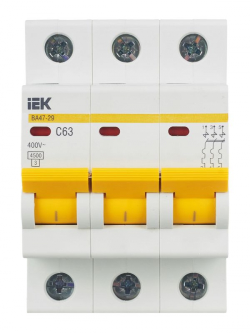 Выключатель автоматический модульный 3п C 63А 4.5кА ВА47-29 ИЭК MVA20-3-063-C MVA20-3-063-C