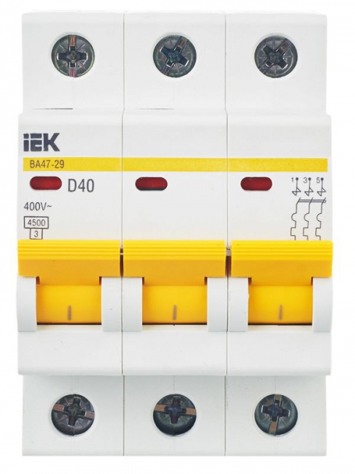 Выключатель автоматический модульный 3п D 40А 4.5кА ВА47-29 ИЭК MVA20-3-040-D MVA20-3-040-D