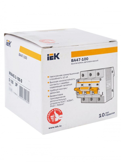 Выключатель автоматический модульный 3п D 100А 10кА ВА47-100 ИЭК MVA40-3-100-D MVA40-3-100-D