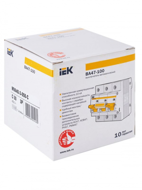 Выключатель автоматический модульный 3п C 50А 10кА ВА47-100 ИЭК MVA40-3-050-C MVA40-3-050-C