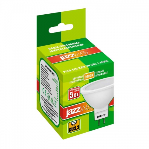 Лампа светодиодная PLED-ECO 5Вт JCDR MR16 3000К тепл. бел. GU5.3 400лм 220-240В JazzWay 1037077A 1037077A