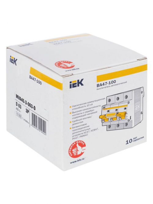 Выключатель автоматический модульный 3п D 63А 10кА ВА47-100 ИЭК MVA40-3-063-D MVA40-3-063-D