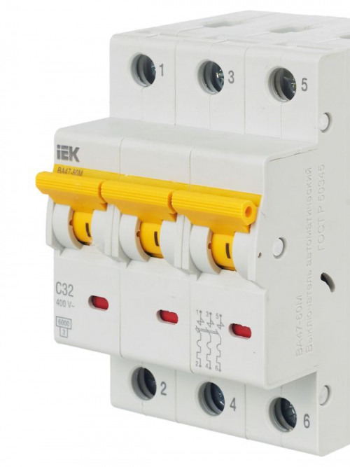 Выключатель автоматический модульный 3п C 32А 6кА ВА47-60M IEK MVA31-3-032-C MVA31-3-032-C