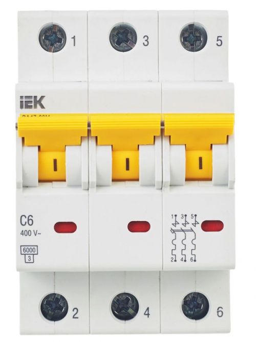 Выключатель автоматический модульный 3п C 6А 6кА ВА47-60M IEK MVA31-3-006-C MVA31-3-006-C