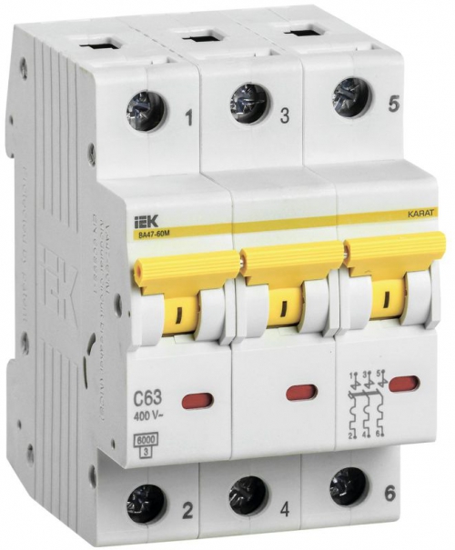 Выключатель автоматический модульный 3п C 63А 6кА ВА47-60M IEK MVA31-3-063-C MVA31-3-063-C