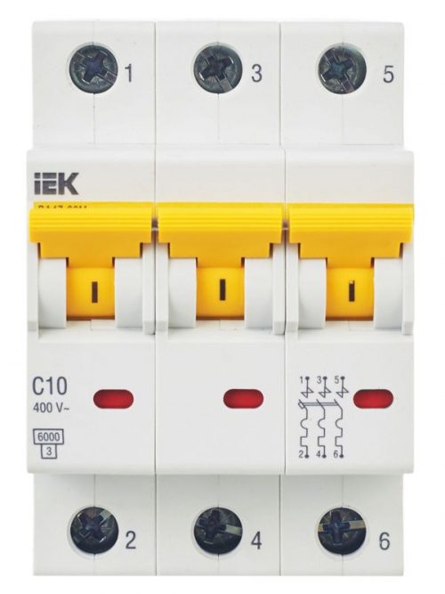 Выключатель автоматический модульный 3п C 10А 6кА ВА47-60M IEK MVA31-3-010-C MVA31-3-010-C