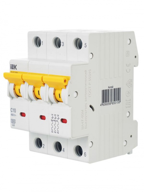Выключатель автоматический модульный 3п C 10А 6кА ВА47-60M IEK MVA31-3-010-C MVA31-3-010-C