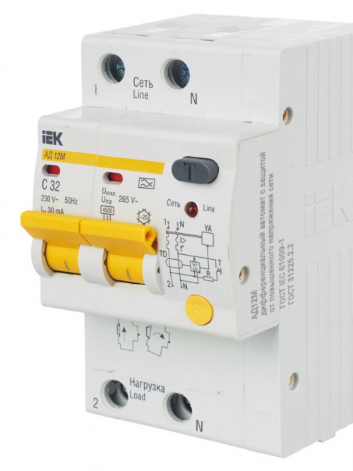 Выключатель авт. дифф. тока 2п C 32А 30мА тип A 4.5кА АД-12М 3.5мод. IEK MAD12-2-032-C-030 MAD12-2-032-C-030