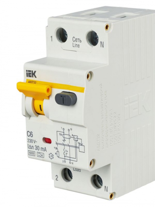 Выключатель авт. дифф. тока 2п (1P+N) C 6А 30мА тип A 6кА АВДТ-32 2мод. IEK MAD22-5-006-C-30 MAD22-5-006-C-30