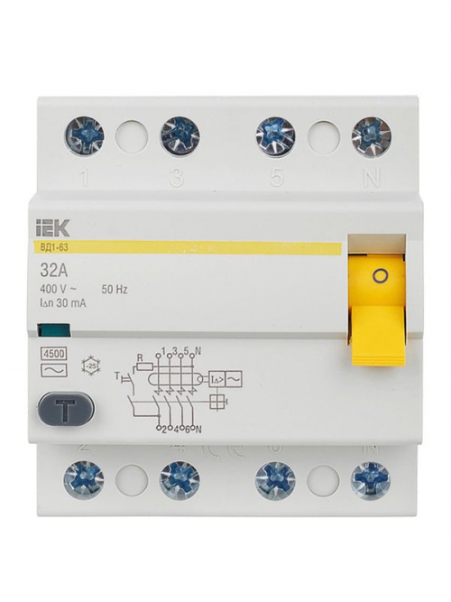 Выключатель дифф. тока (УЗО) 4п 32А 30мА тип AC ВД1-63 IEK MDV10-4-032-030 MDV10-4-032-030