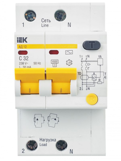 Выключатель авт. дифф. тока 2п C 32А 30мА тип AC 4.5кА АД-12 3.5мод. IEK MAD10-2-032-C-030 MAD10-2-032-C-030