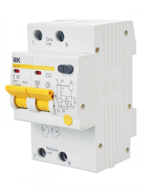 Выключатель авт. дифф. тока 2п C 10А 30мА тип AC 4.5кА АД-12 3.5мод. IEK MAD10-2-010-C-030 MAD10-2-010-C-030