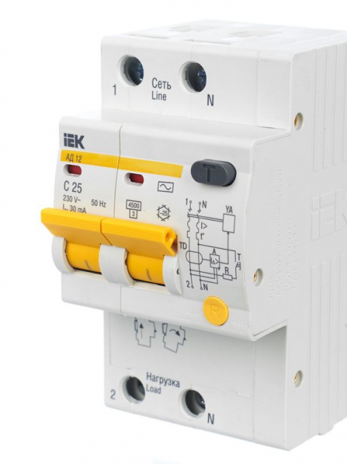 Выключатель авт. дифф. тока 2п C 25А 30мА тип AC 4.5кА АД-12 3.5мод. IEK MAD10-2-025-C-030 MAD10-2-025-C-030