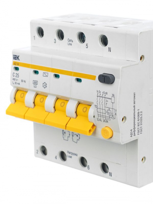 Выключатель авт. дифф. тока 4п C 25А 30мА тип AC 4.5кА АД-14 6.5мод IEK MAD10-4-025-C-030 MAD10-4-025-C-030