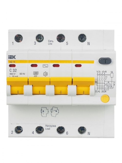 Выключатель авт. дифф. тока 4п C 32А 30мА тип AC 4.5кА АД-14 6.5мод IEK MAD10-4-032-C-030 MAD10-4-032-C-030