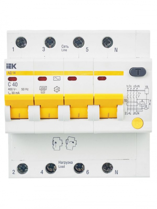 Выключатель авт. дифф. тока 4п C 40А 30мА тип AC 4.5кА АД-14 6.5мод IEK MAD10-4-040-C-030 MAD10-4-040-C-030