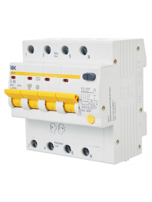 Выключатель авт. дифф. тока 4п C 40А 30мА тип AC 4.5кА АД-14 6.5мод IEK MAD10-4-040-C-030 MAD10-4-040-C-030