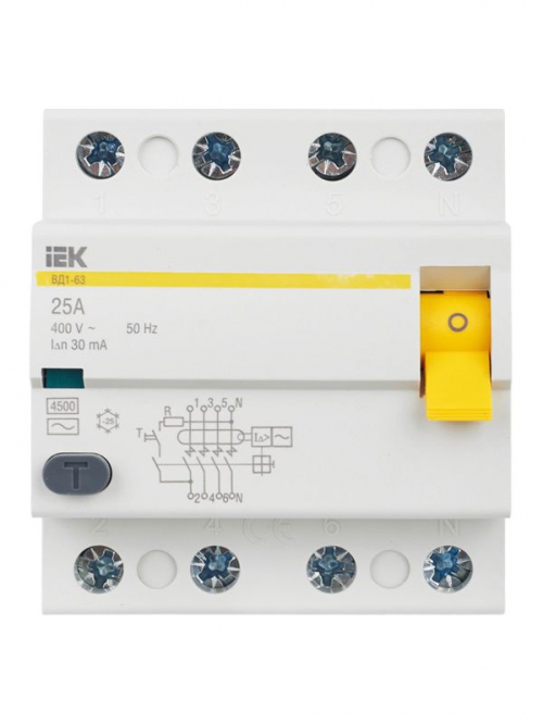 Выключатель дифф. тока (УЗО) 4п 25А 30мА тип AC ВД1-63 IEK MDV10-4-025-030 MDV10-4-025-030