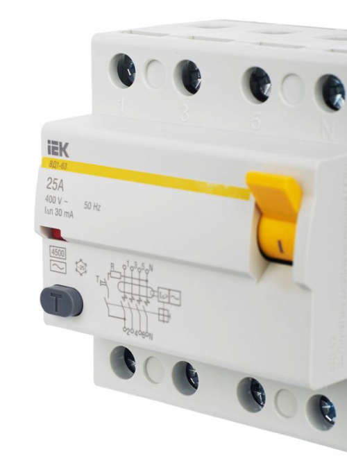 Выключатель дифф. тока (УЗО) 4п 25А 30мА тип AC ВД1-63 IEK MDV10-4-025-030 MDV10-4-025-030