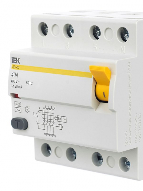 Выключатель дифф. тока (УЗО) 4п 40А 30мА тип AC ВД1-63 IEK MDV10-4-040-030 MDV10-4-040-030