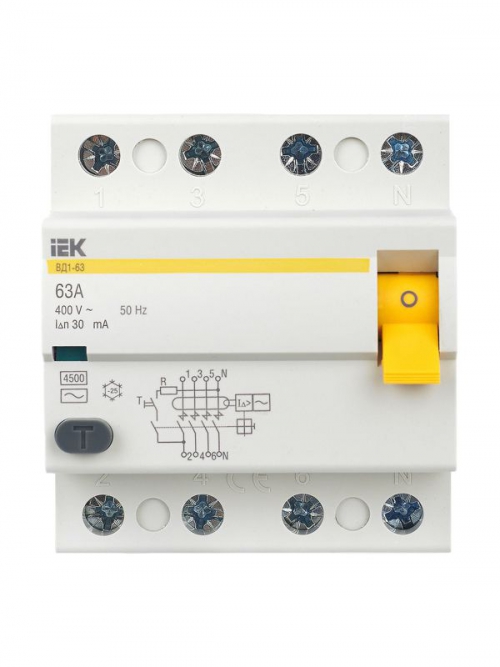 Выключатель дифф. тока (УЗО) 4п 63А 30мА тип AC ВД1-63 IEK MDV10-4-063-030 MDV10-4-063-030