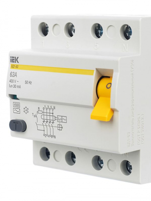 Выключатель дифф. тока (УЗО) 4п 63А 30мА тип AC ВД1-63 IEK MDV10-4-063-030 MDV10-4-063-030