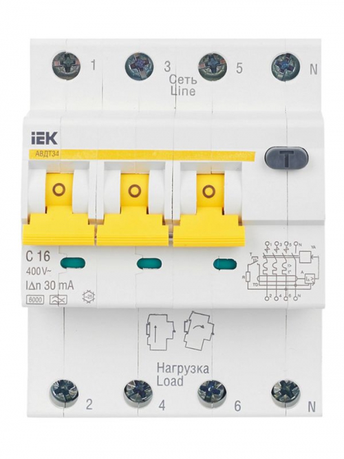 Выключатель авт. дифф. тока 4п (3P+N) C 16А 30мА тип A 6кА АВДТ-34 4мод. IEK MAD22-6-016-C-30 MAD22-6-016-C-30