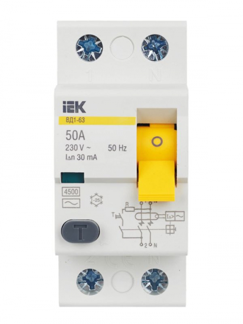 Выключатель дифф. тока (УЗО) 2п 50А 30мА тип AC ВД1-63 IEK MDV10-2-050-030 MDV10-2-050-030