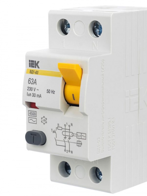 Выключатель дифф. тока (УЗО) 2п 63А 30мА тип AC ВД1-63 IEK MDV10-2-063-030 MDV10-2-063-030