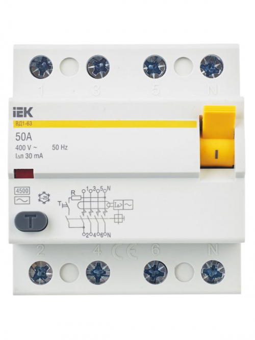 Выключатель дифф. тока (УЗО) 4п 50А 30мА тип AC ВД1-63 IEK MDV10-4-050-030 MDV10-4-050-030