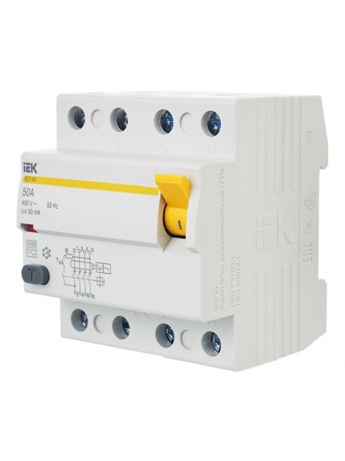 Выключатель дифф. тока (УЗО) 4п 50А 30мА тип AC ВД1-63 IEK MDV10-4-050-030 MDV10-4-050-030
