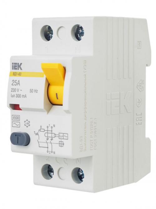 Выключатель дифф. тока (УЗО) 2п 25А 300мА тип AC ВД1-63 IEK MDV10-2-025-300 MDV10-2-025-300