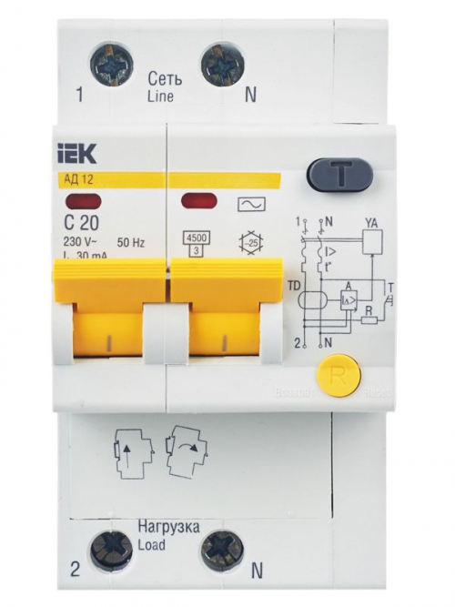 Выключатель авт. дифф. тока 2п C 20А 30мА тип AC 4.5кА АД-12 3.5мод. IEK MAD10-2-020-C-030 MAD10-2-020-C-030