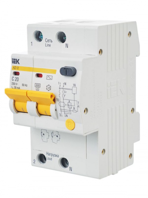 Выключатель авт. дифф. тока 2п C 20А 30мА тип AC 4.5кА АД-12 3.5мод. IEK MAD10-2-020-C-030 MAD10-2-020-C-030