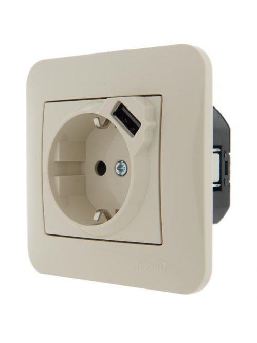 Механизм розетки 1-м СП Karina 16А с заземл. + USB разъем крем. LEZARD 707-0388-181 707-0388-181