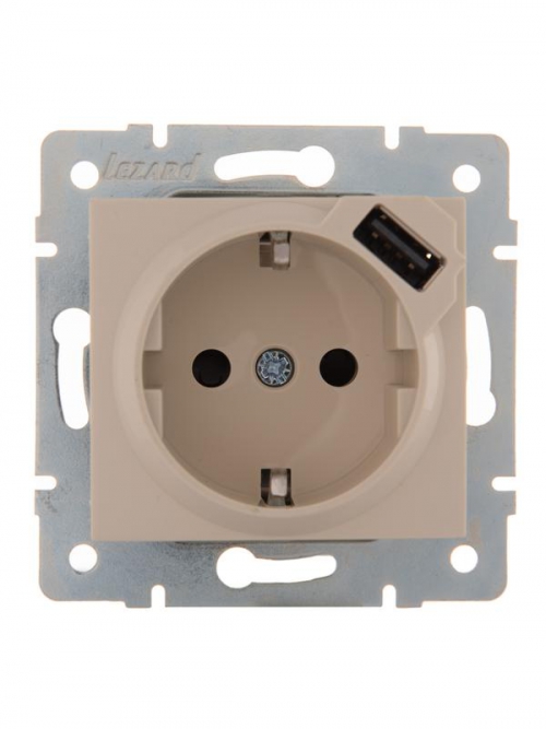 Механизм розетки 1-м СП Karina 16А с заземл. + USB разъем крем. LEZARD 707-0388-181 707-0388-181