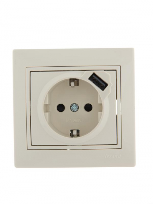 Розетка 1-м СП Mira 16А с заземл. + USB разъем крем. LEZARD 701-0303-181 701-0303-181