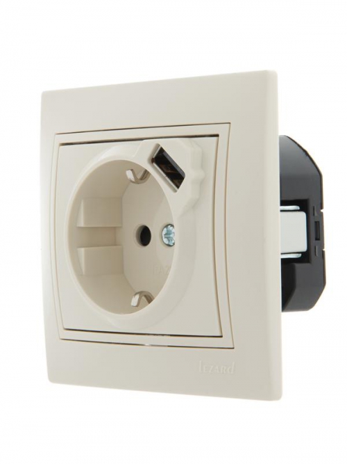 Розетка 1-м СП Mira 16А с заземл. + USB разъем крем. LEZARD 701-0303-181 701-0303-181
