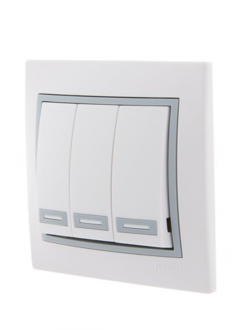 Выключатель 3-кл. СП Mira 10А IP20 с сер. вставкой бел. LEZARD 701-0215-109 701-0215-109