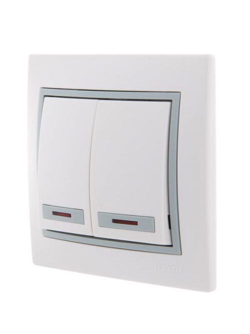 Выключатель 2-кл. СП Mira 10А IP20 с подсветкой с сер. вставкой бел. LEZARD 701-0215-112 701-0215-112