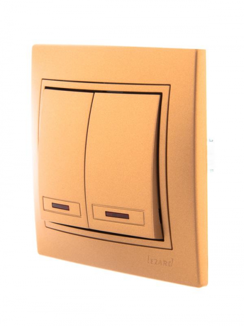 Выключатель 2-кл. СП Mira 10А IP20 с подсветкой со вставкой зол. метал. LEZARD 701-1313-112 701-1313-112