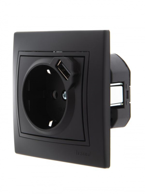 Розетка 1-м СП Mira 16А с заземл. + USB разъем черн. бархат LEZARD 701-4242-181 701-4242-181