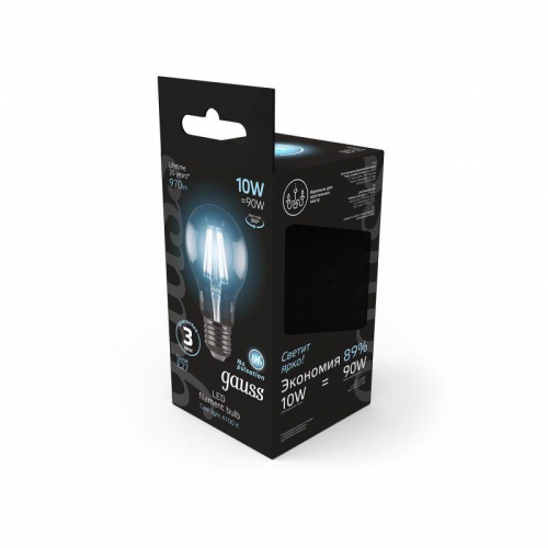 Лампа светодиодная филаментная Filament 10Вт A60 4100К нейтр. бел. E27 970лм GAUSS 102802210 102802210