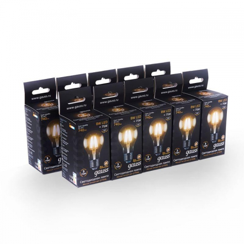 Лампа светодиодная филаментная Filament 8Вт A60 2700К тепл. бел. E27 740лм GAUSS 102802108 102802108