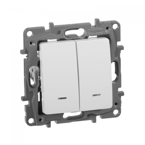 Выключатель 2-кл. СП Etika 10А IP20 250В 10AX с подсветкой/индикацией безвинт. зажимы механизм бел. Leg 672204 672204